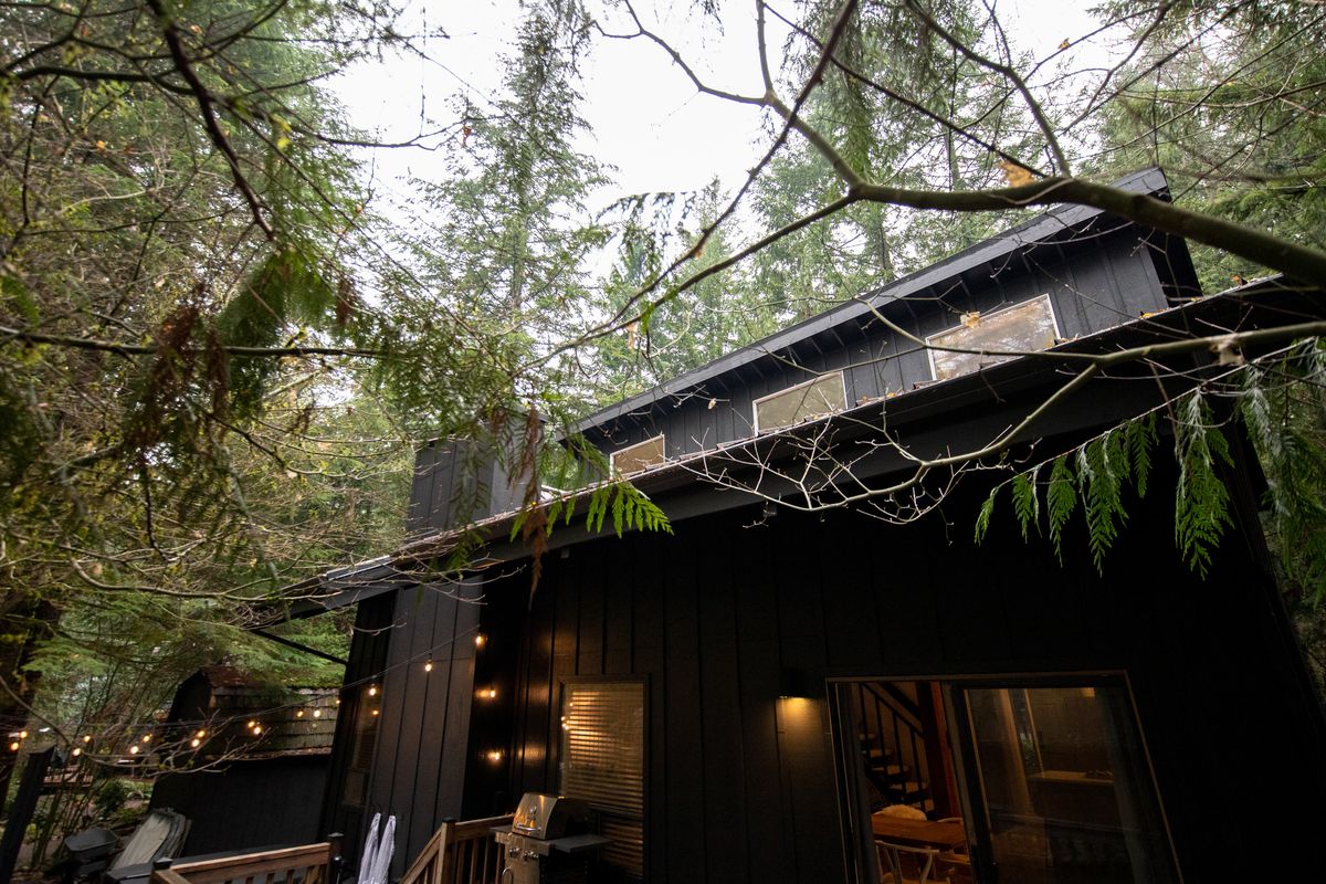 Back of the cabin with string lights
