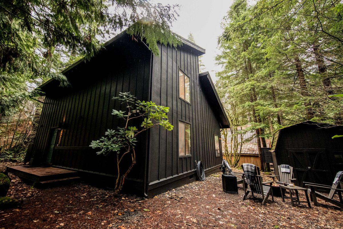 Side of the cabin with the fire pit and forest
